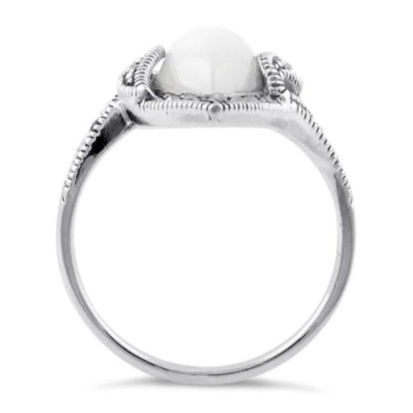 925 STERLING SILVER Marquise Mother Of Pearl & Marcasite Ring - Picture 14 of 15